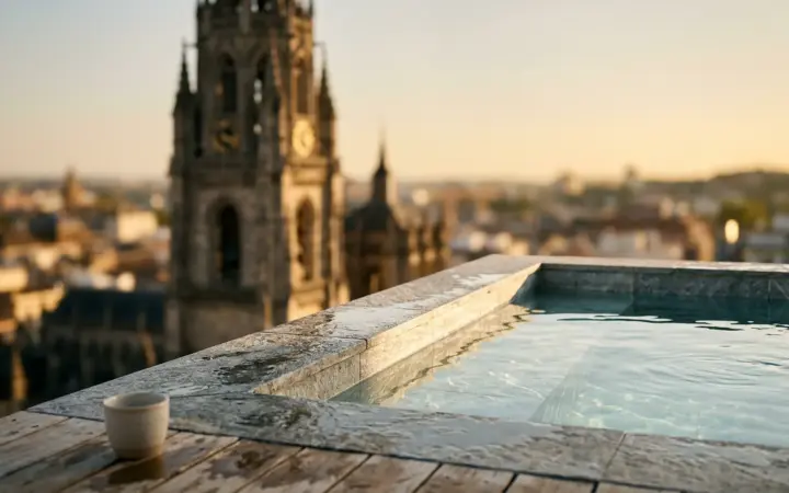 Rooftop plunge pool with a bell tower in the background (illustrative AI image)