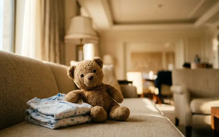 Family suite with a sofa and toys (illustrative AI image)