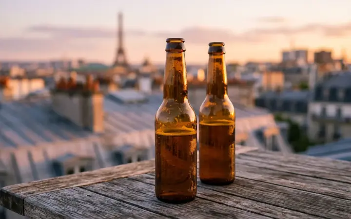 Two bottles of beer on a rooftop terrace table (illustrative AI image)