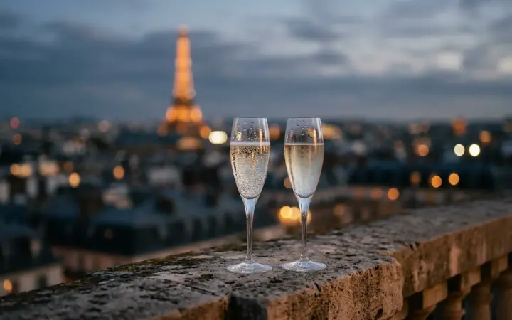 Two glasses of champagne on a balcony with the Eiffel Tower blurred behind (illustrative AI image)