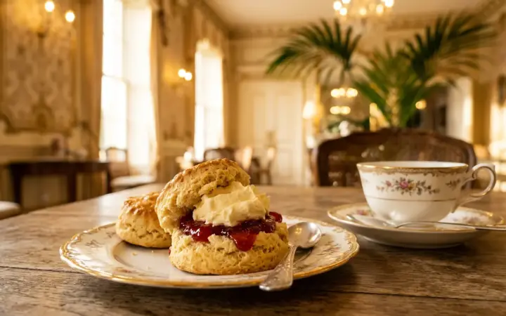 Scones with clotted cream and jam on a gilded tea table (illustrative AI image)