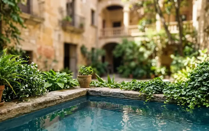Courtyard with a plunge pool and plants (illustrative AI image)