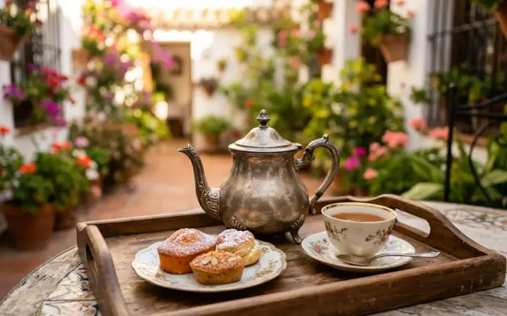 Afternoon tea tray in a patio (illustrative AI image)