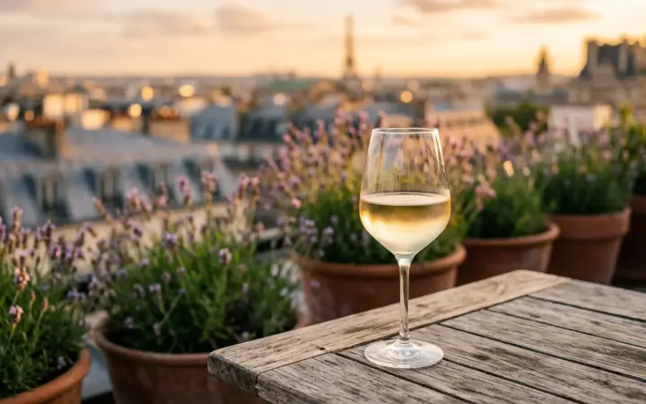 Glass of wine on a rooftop garden table (illustrative AI image)