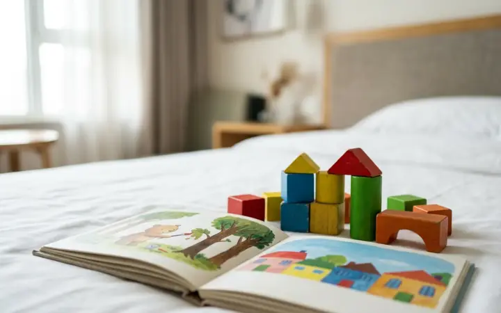 Toy blocks and a children's book on a family hotel bed (illustrative AI image)
