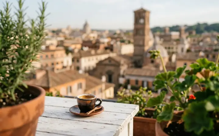 Espresso cup on a guests-only rooftop terrace (illustrative AI image)