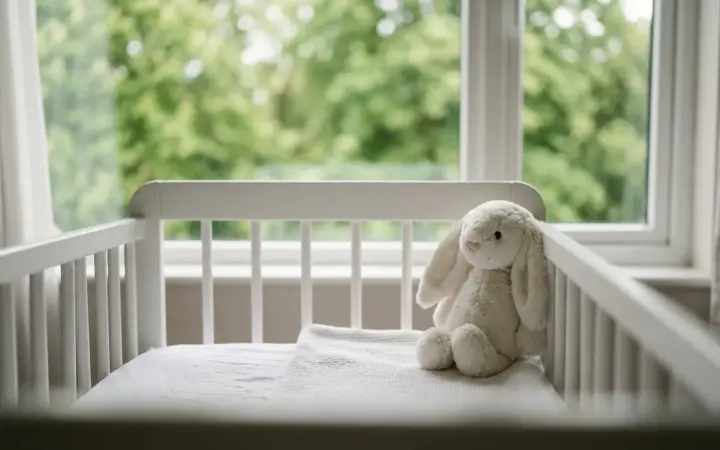 Cot with a soft toy in a hotel room (illustrative AI image)