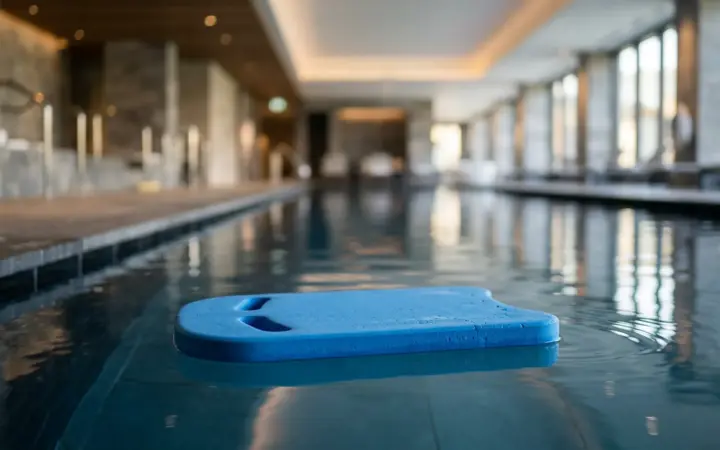 Long indoor pool lane with a kickboard (illustrative AI image)