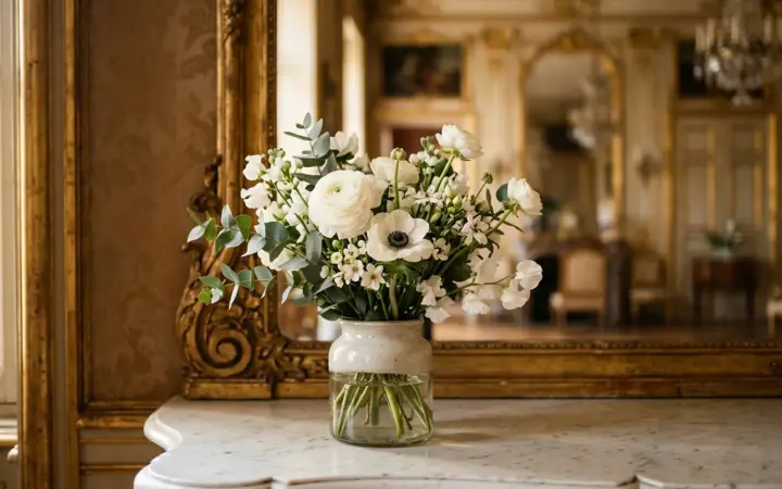 Gilded mirror and fresh flowers on a marble console (illustrative AI image)