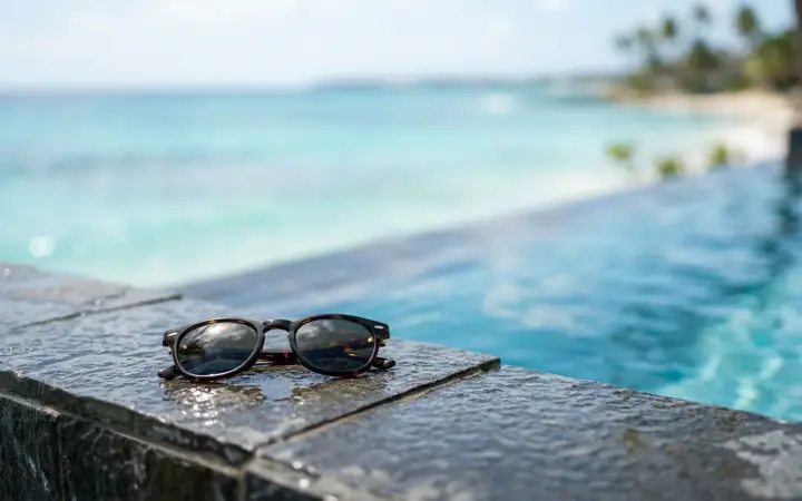 Infinity pool edge facing the Caribbean (illustrative AI image)