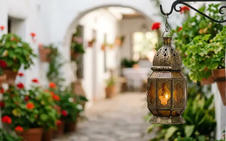 Lantern in a patio passage between old houses (illustrative AI image)