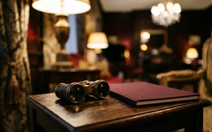 Opera tickets-style evening setup: opera glasses and a programme on a table (illustrative AI image)