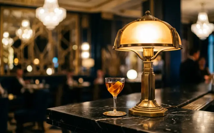 Art Deco lamp and a cocktail on a bar (illustrative AI image)
