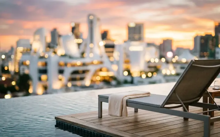 Rooftop pool at sunset with a futuristic city skyline (illustrative AI image)