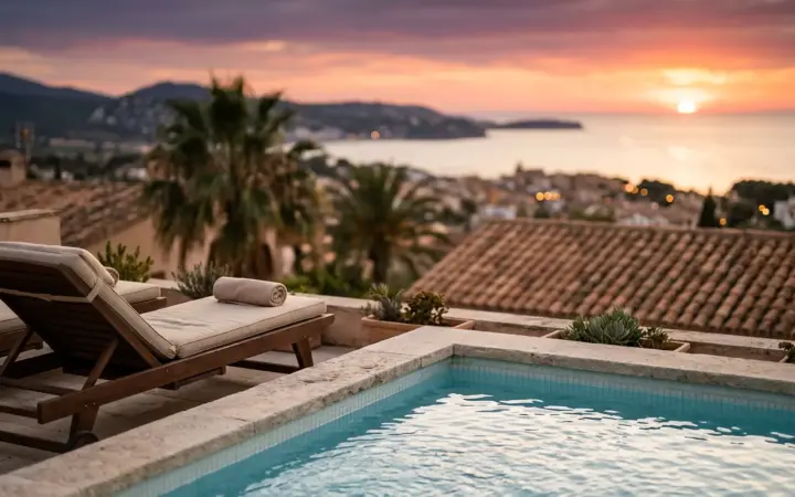 A small rooftop pool and a lounger above the old town rooftops (illustrative AI image)