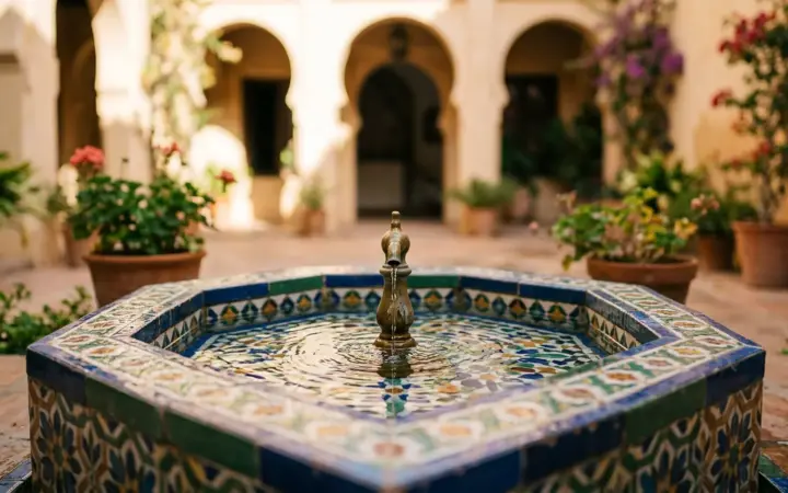 Neo-Mudéjar tiled courtyard fountain (illustrative AI image)