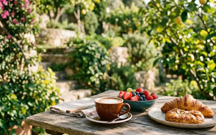 Breakfast table in a terraced garden (illustrative AI image)