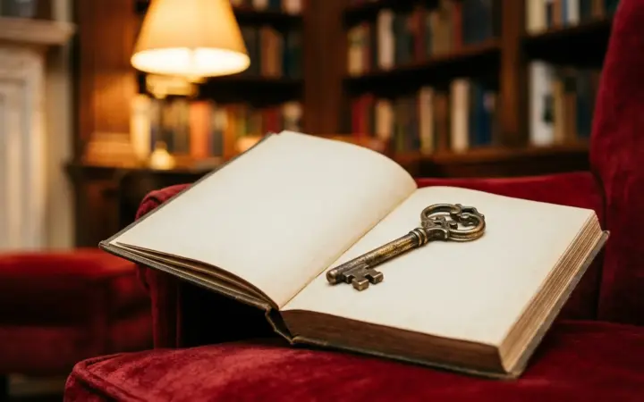Antique key and an open book on a velvet armchair (illustrative AI image)