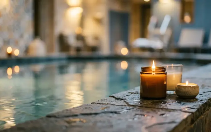 Saltwater spa pool with candles (illustrative AI image)