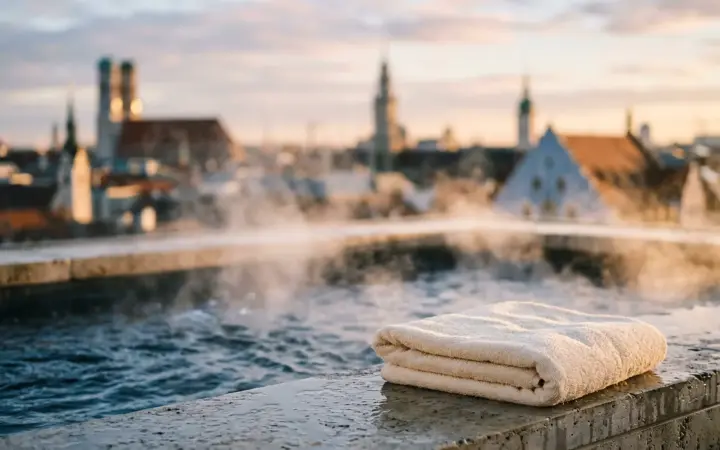 Heated rooftop pool steaming in the morning (illustrative AI image)