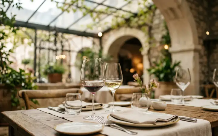 Restaurant table under a glass roof (illustrative AI image)