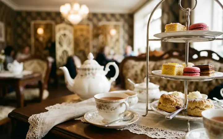 Afternoon tea with a cake stand (illustrative AI image)