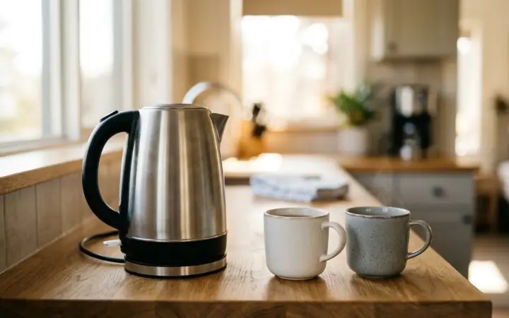 Kitchenette counter with a kettle and mugs (illustrative AI image)