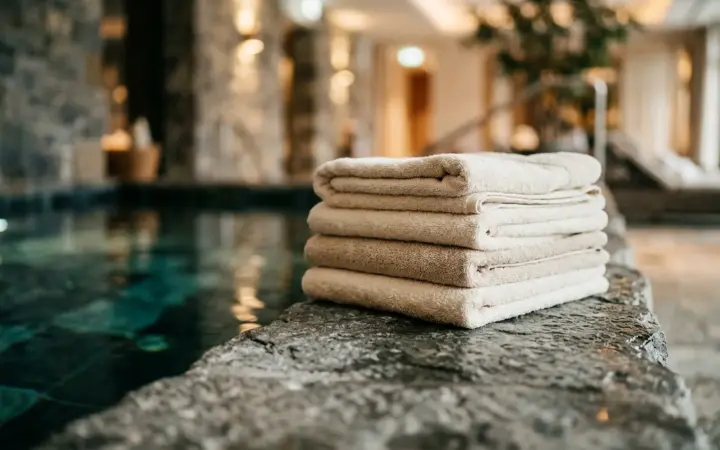 Folded towels by an indoor spa pool (illustrative AI image)