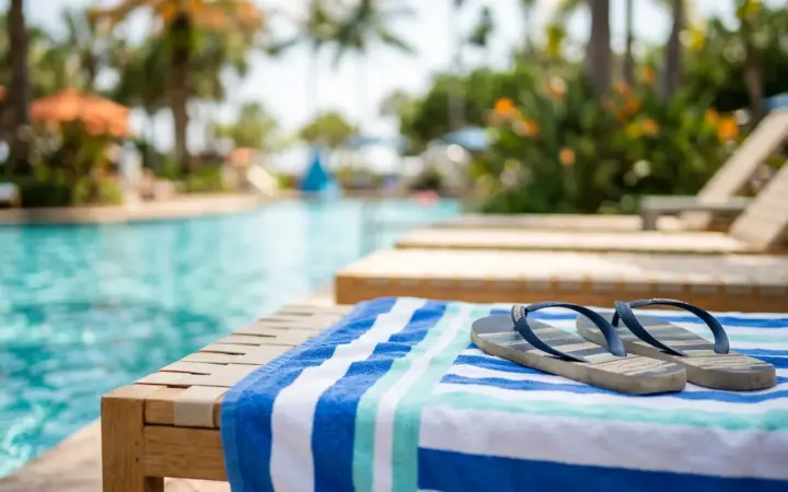 Beach towel and flip-flops on a sun lounger by a pool (illustrative AI image)
