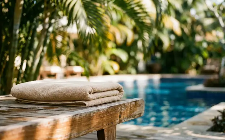Lounger by an outdoor pool in the shade of palms (illustrative AI image)