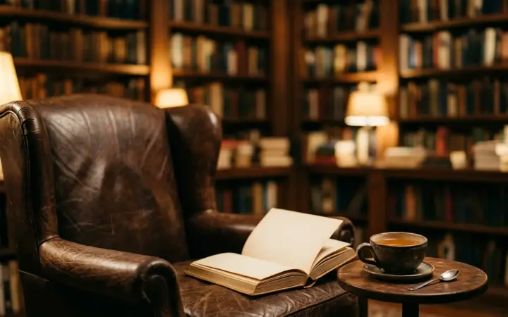 Leather armchair and books in a cosy library (illustrative AI image)