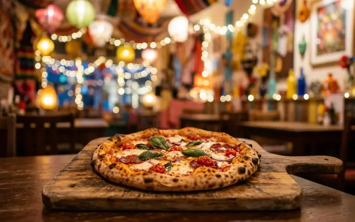 Pizza on a wooden board in a lively restaurant (illustrative AI image)