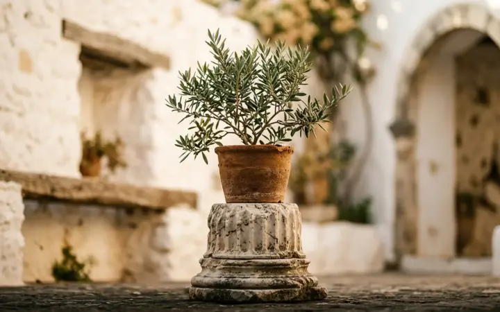 Roman marble column and a plant in a patio (illustrative AI image)