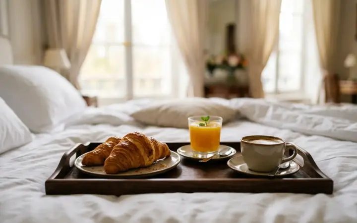 Breakfast tray on a bed in an elegant room (illustrative AI image)