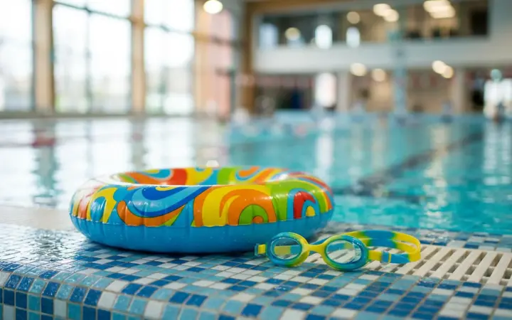 Children's swim ring and goggles by an indoor pool (illustrative AI image)