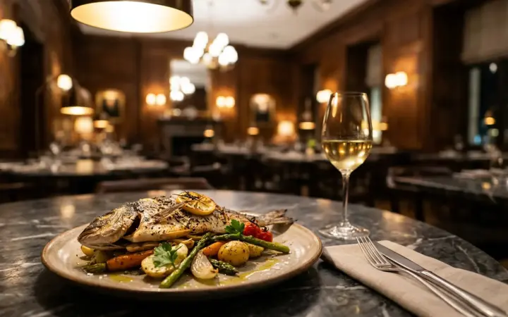 Fine-dining plate on a marble table (illustrative AI image)