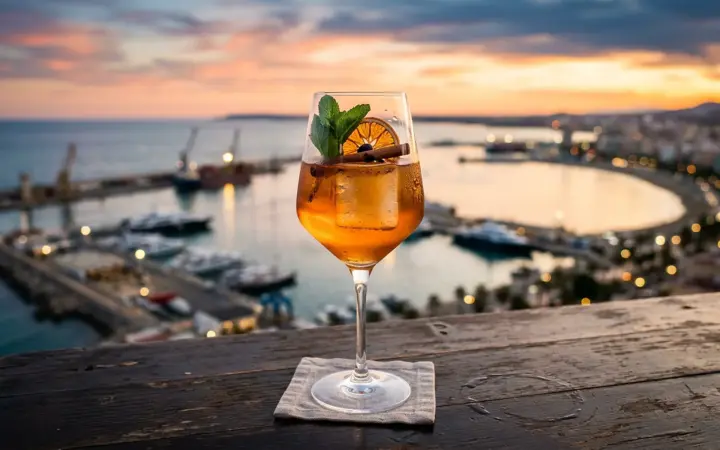 Rooftop bar table with sea view (illustrative AI image)