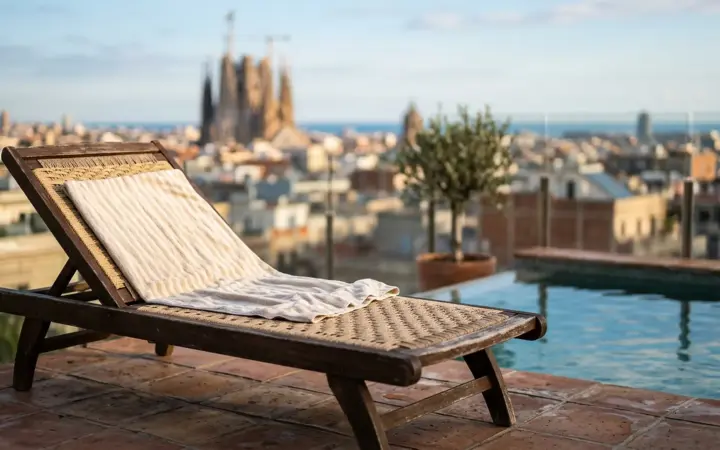Rooftop pool with a lounger and a city skyline (illustrative AI image)