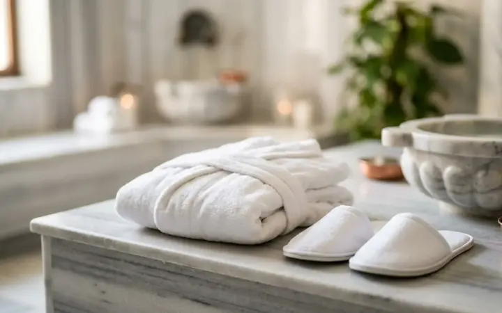 Folded white robe and slippers by a spa basin (illustrative AI image)