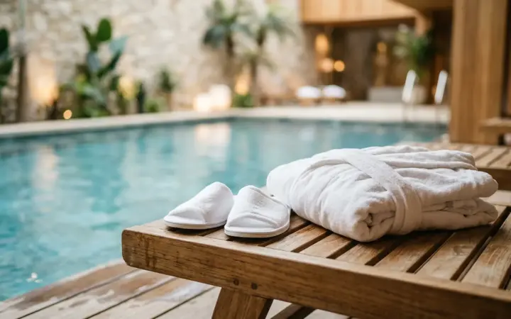 Robe and slippers by an indoor pool (illustrative AI image)
