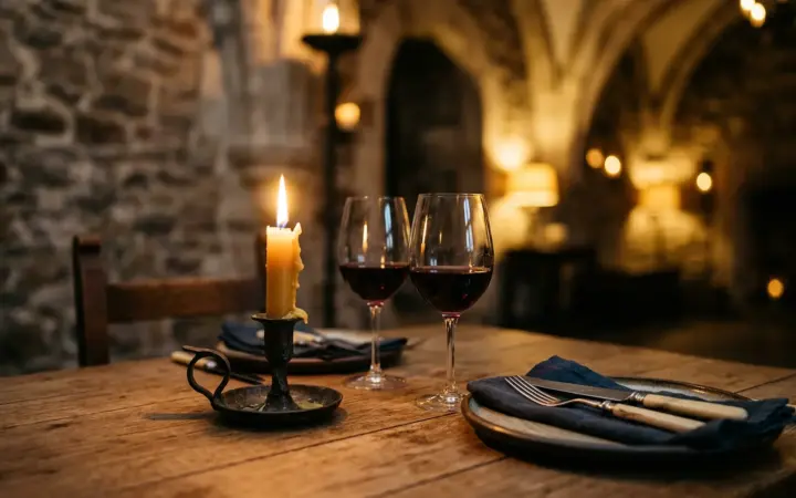 Candlelit dinner table in a medieval stone room (illustrative AI image)