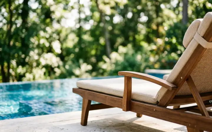 Lounger by an outdoor pool next to a park (illustrative AI image)
