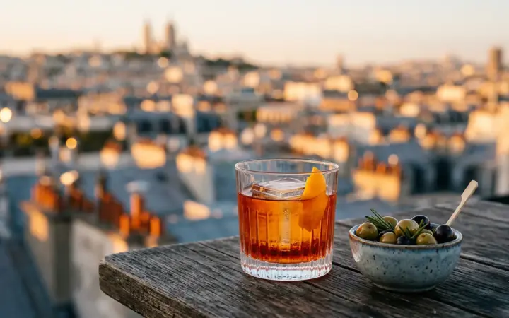 Afternoon cocktail on a rooftop terrace table at sunset (illustrative AI image)