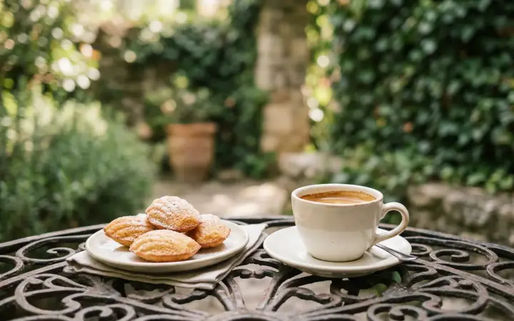 Cup of coffee on a garden table in an ivy-covered courtyard (illustrative AI image)