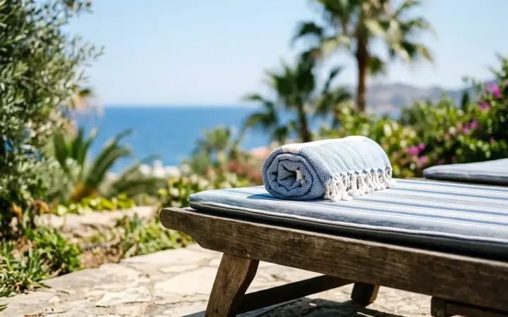 Sun lounger in a palm garden by the sea (illustrative AI image)