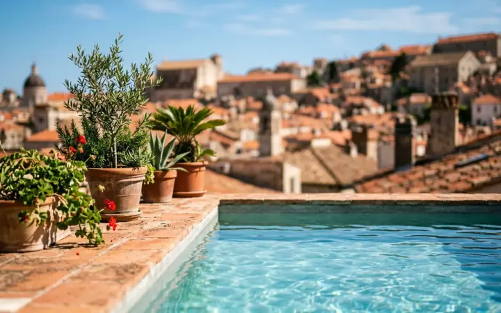 Rooftop pool with an orange-tiled terrace (illustrative AI image)