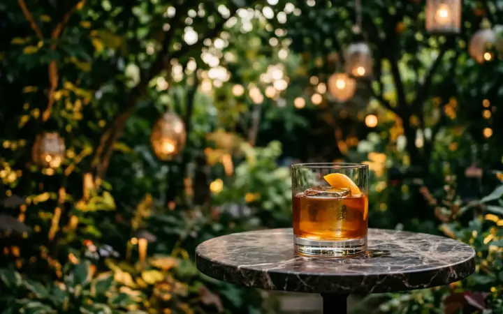 Cocktail on a table in a secret garden (illustrative AI image)