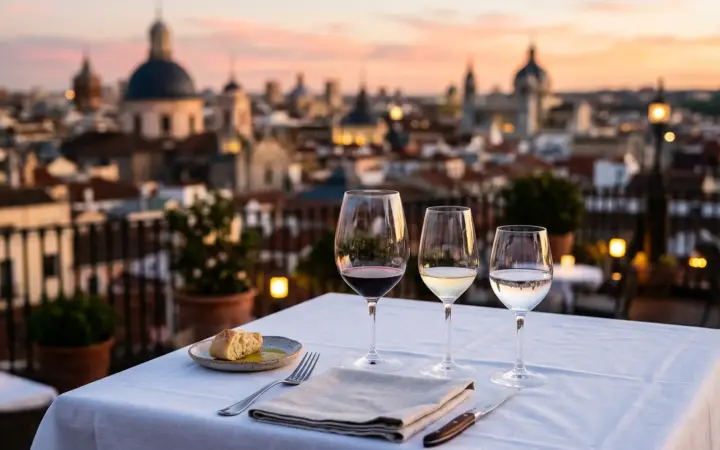 Rooftop restaurant table at sunset (illustrative AI image)