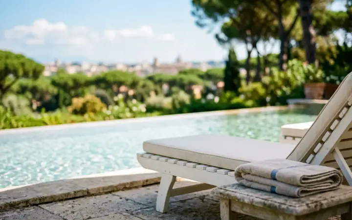 Lounger by an outdoor pool in a park (illustrative AI image)