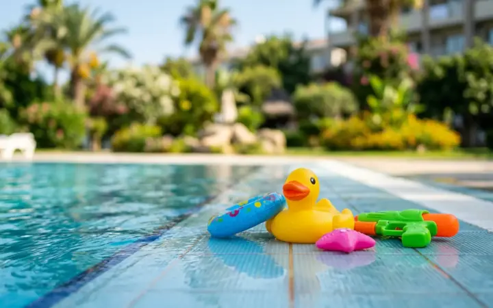 Children's pool toys by a family pool (illustrative AI image)